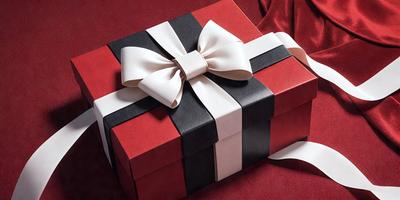 The primary subject of the image is a red and black bowed gift box. The setting is a red background, which adds a vibrant touch to the scene. The visual style is a photo, capturing the details of the gift box and its bow. The colors and mood of the image are predominantly red and black, creating a bold and striking appearance.